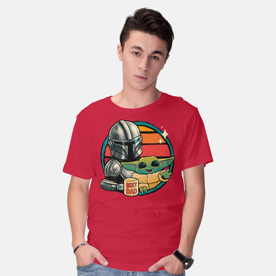 Model wearing red Beskar Dad – Sci-Fi Graphic T-Shirt