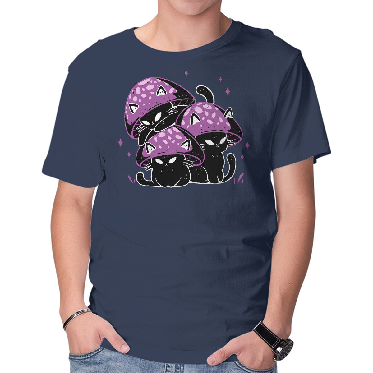 Mushroom Cats – Cat Graphic T-Shirt in navy, product display
