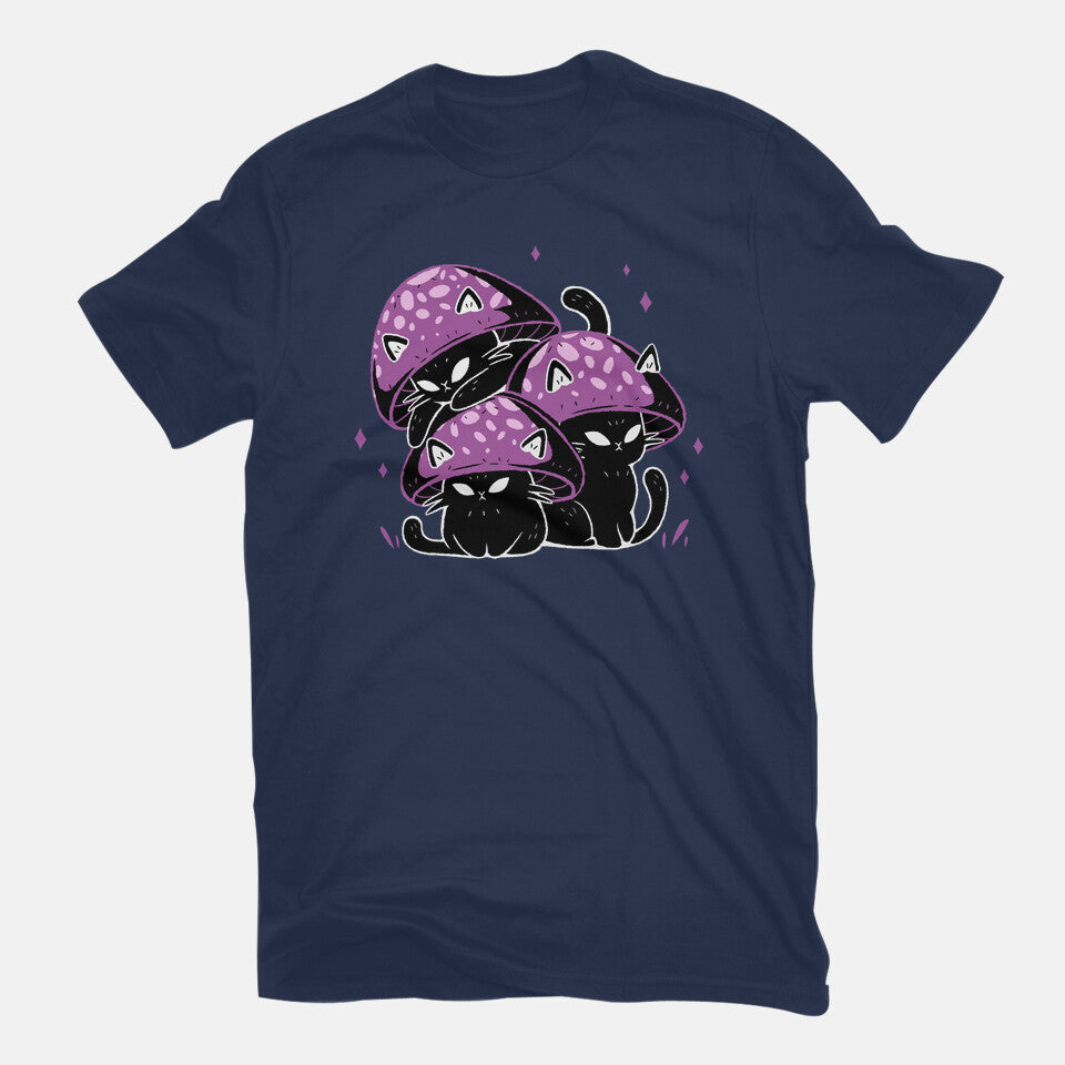Mushroom Cats – Cat Graphic T-Shirt in navy, flat-lay product view