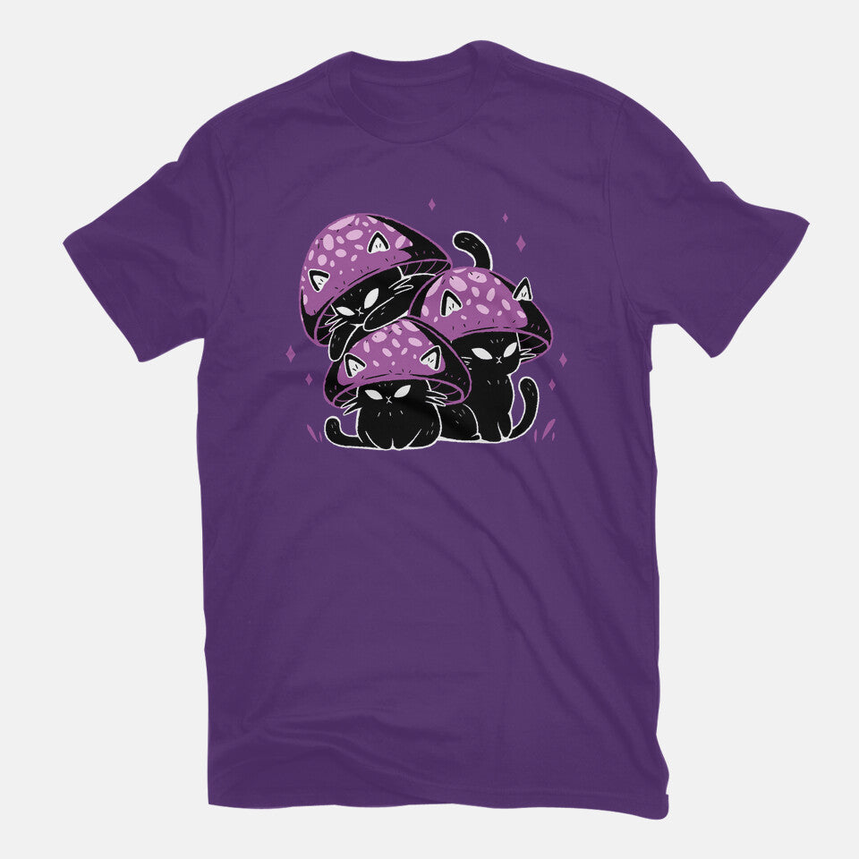 Mushroom Cats – Cat Graphic T-Shirt in purple, flat-lay product view