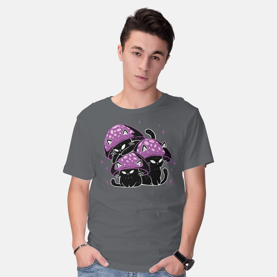 Model wearing charcoal Mushroom Cats – Cat Graphic T-Shirt