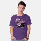 Model wearing purple Mushroom Cats – Cat Graphic T-Shirt