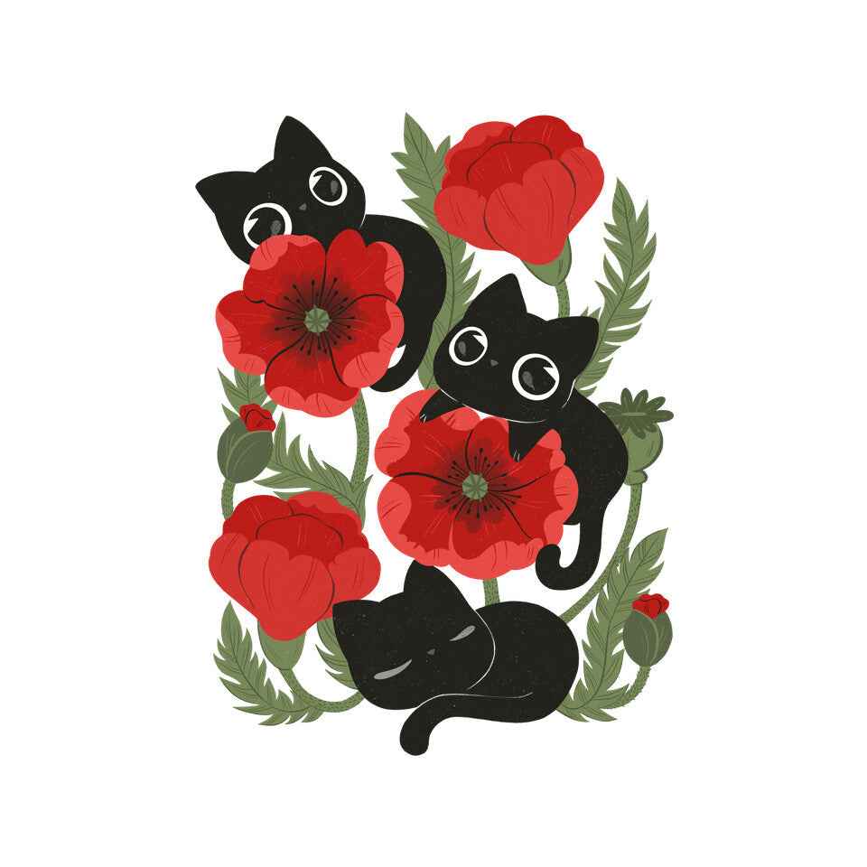 Poppies And Black Kitties – Cat Graphic T-Shirt