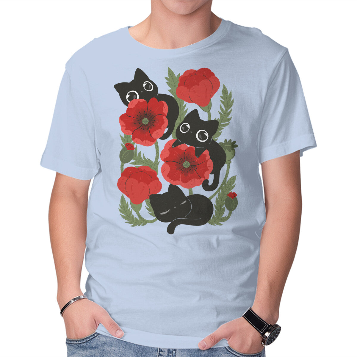 Poppies And Black Kitties – Cat Graphic T-Shirt in blue, product display