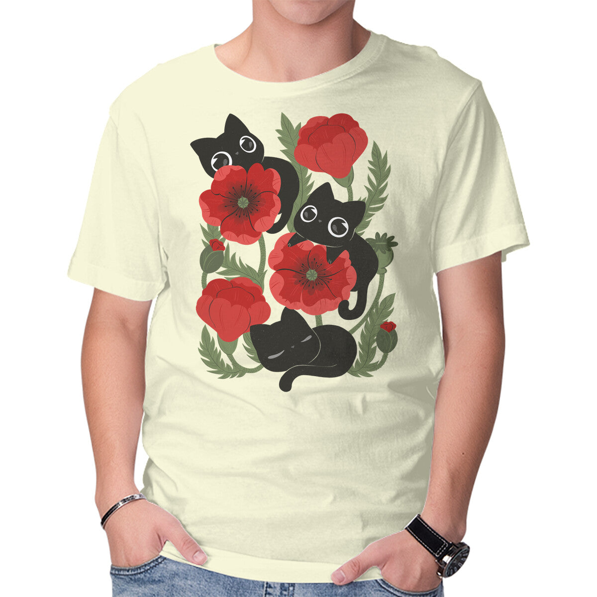 Poppies And Black Kitties – Cat Graphic T-Shirt