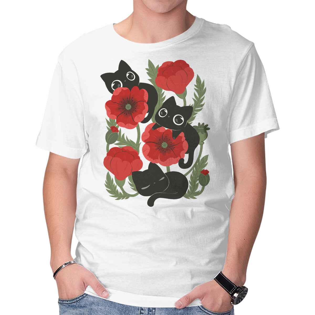 Poppies And Black Kitties – Cat Graphic T-Shirt