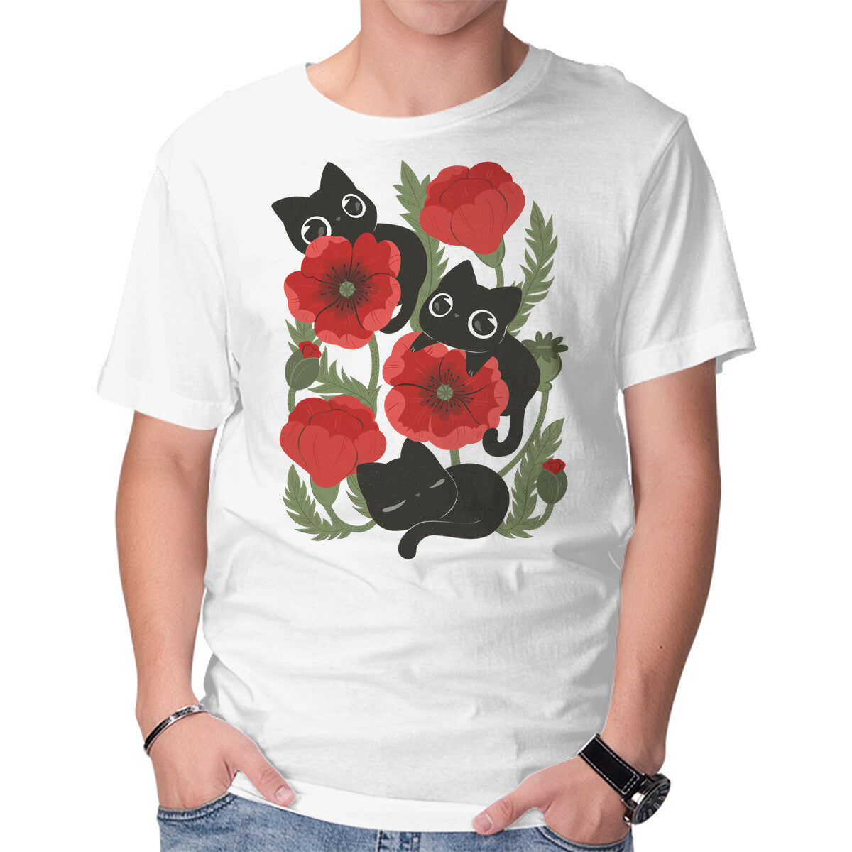 Poppies And Black Kitties – Cat Graphic T-Shirt in white, product display