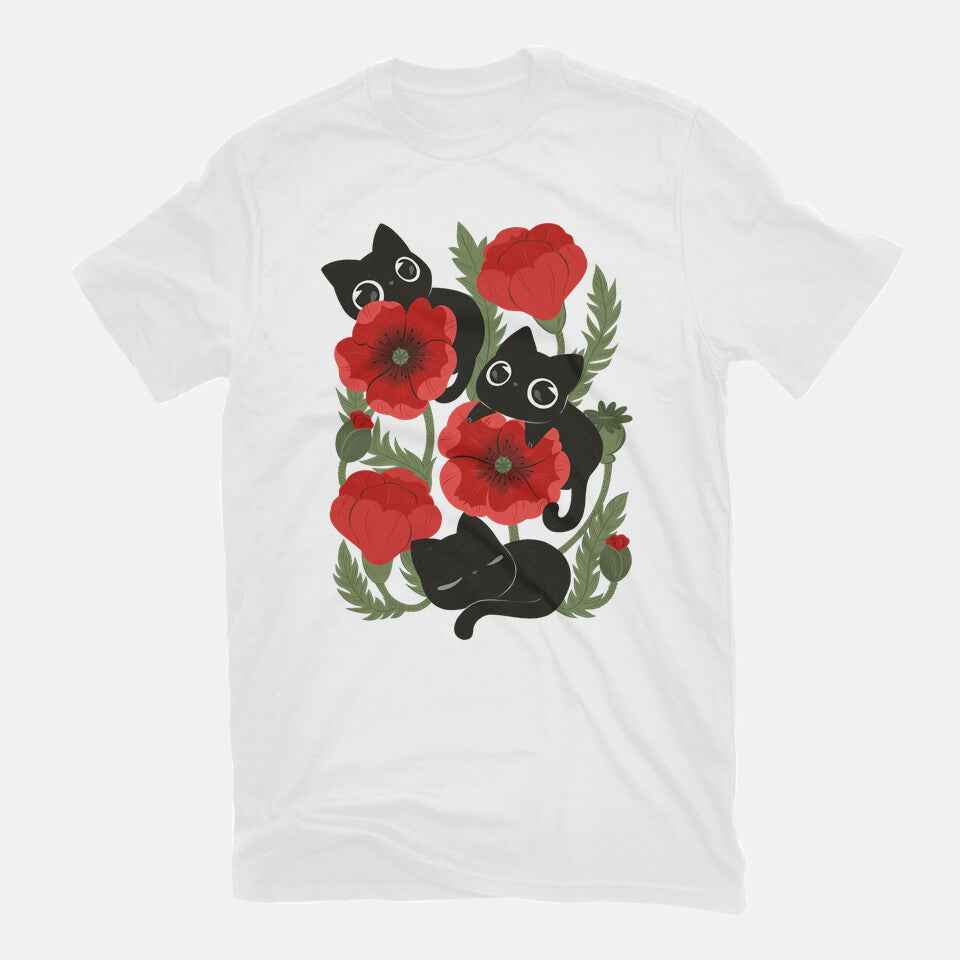 Poppies And Black Kitties – Cat Graphic T-Shirt
