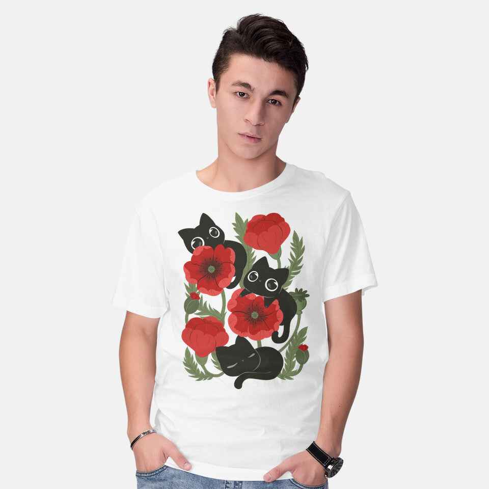 Poppies And Black Kitties – Cat Graphic T-Shirt