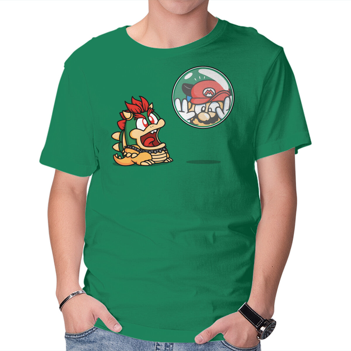 Bubble Attack – Gaming Graphic T-Shirt in green, product display