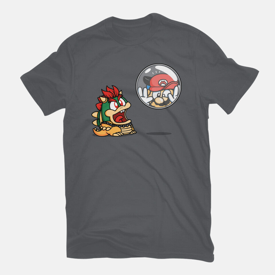 Bubble Attack – Gaming Graphic T-Shirt in charcoal, flat-lay product view
