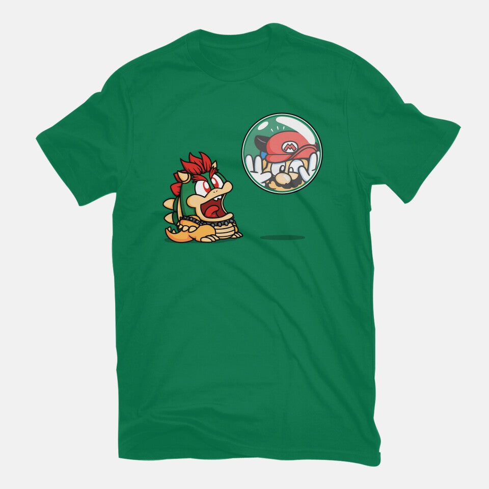 Bubble Attack – Gaming Graphic T-Shirt in green, flat-lay product view