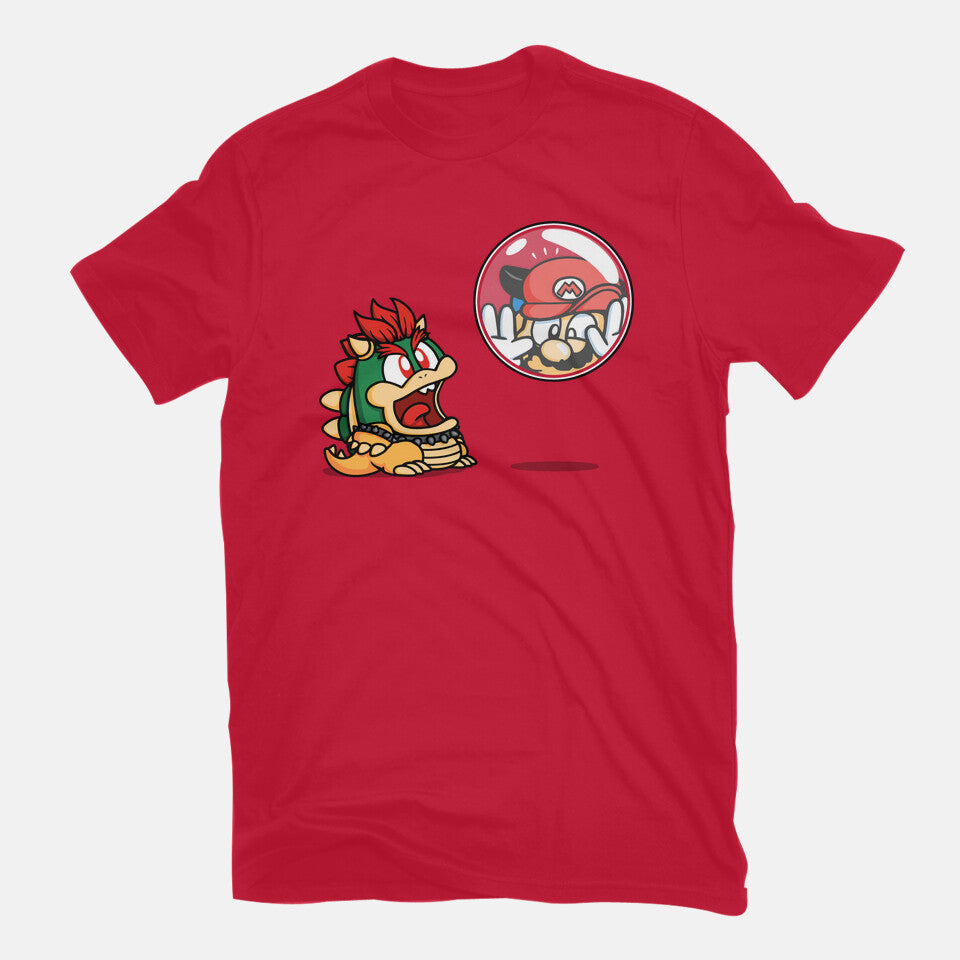 Bubble Attack – Gaming Graphic T-Shirt in red, flat-lay product view