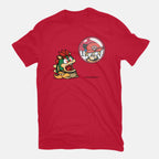 Bubble Attack – Gaming Graphic T-Shirt in red, flat-lay product view