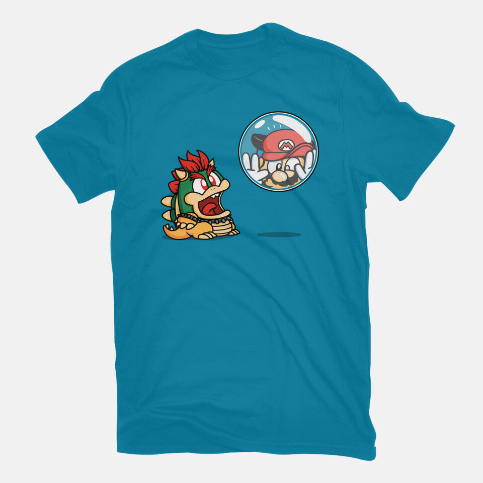 Bubble Attack – Gaming Graphic T-Shirt in turquoise, flat-lay product view
