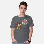 Model wearing charcoal Bubble Attack – Gaming Graphic T-Shirt