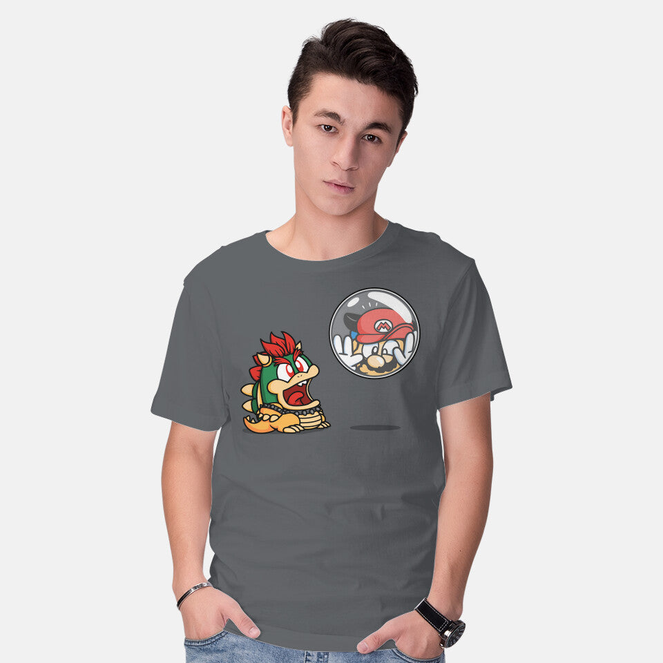 Model wearing charcoal Bubble Attack – Gaming Graphic T-Shirt