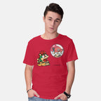 Model wearing red Bubble Attack – Gaming Graphic T-Shirt