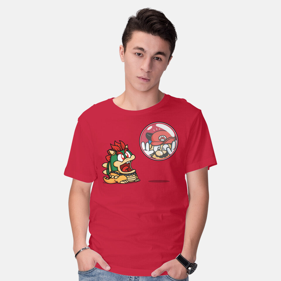 Model wearing red Bubble Attack – Gaming Graphic T-Shirt