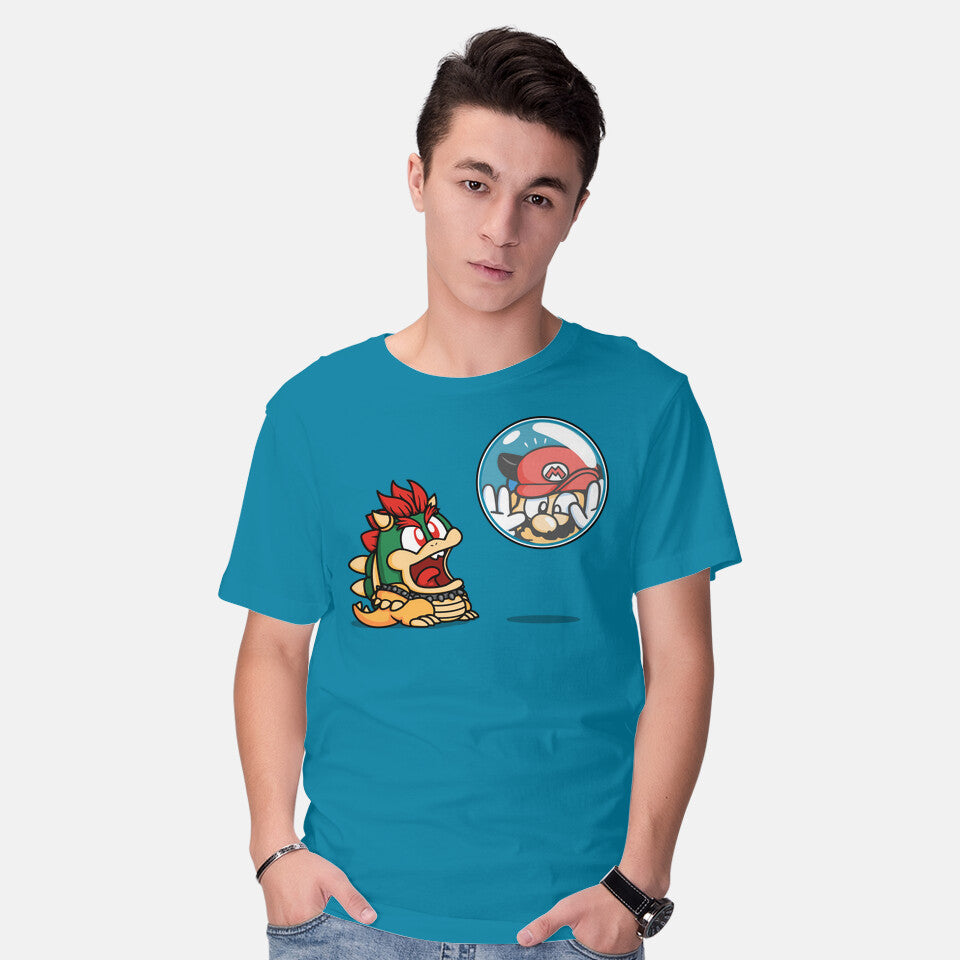 Model wearing turquoise Bubble Attack – Gaming Graphic T-Shirt
