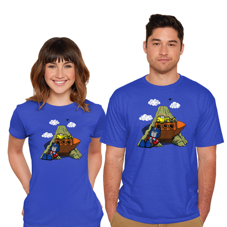 Model wearing royal blue Cybertronian Nuts – Sci-Fi Graphic T-Shirt
