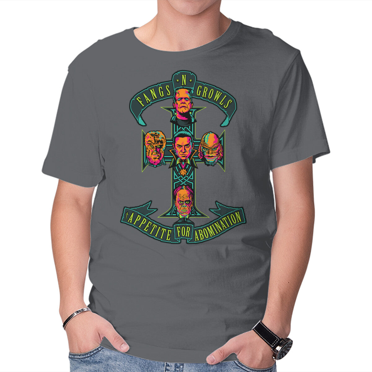 Fangs N Growls – Horror Graphic T-Shirt in charcoal, product display