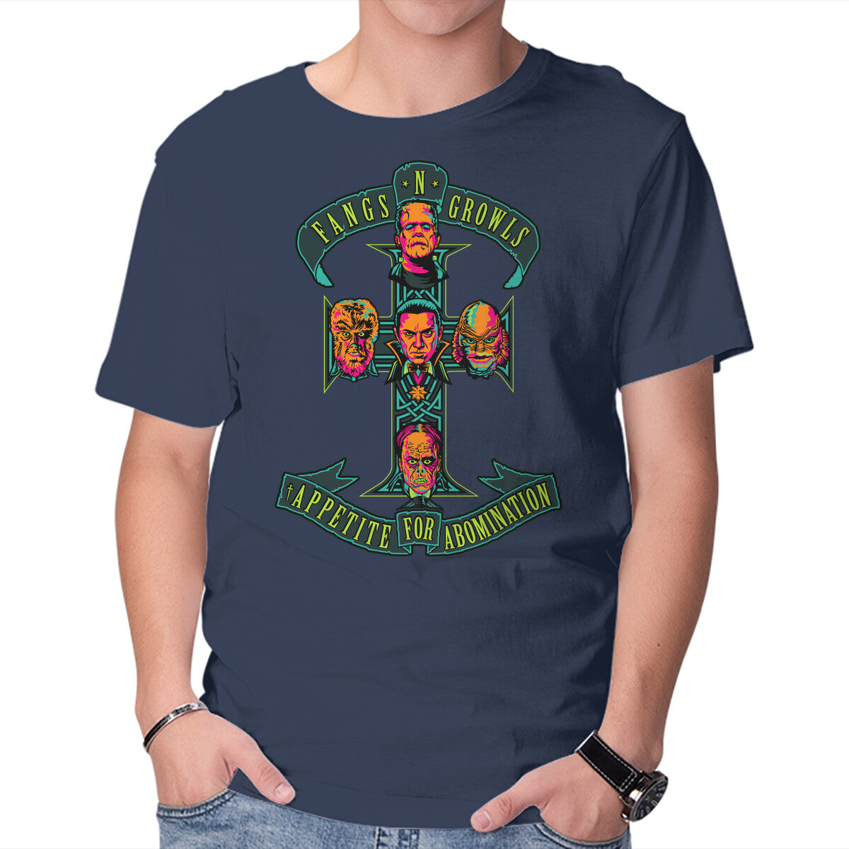 Fangs N Growls – Horror Graphic T-Shirt in navy, product display
