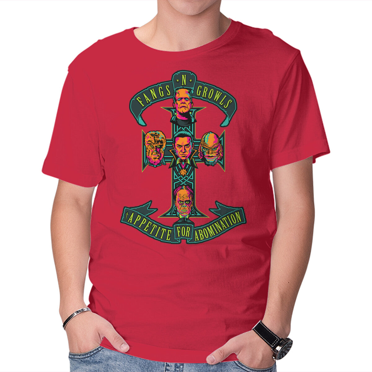 Fangs N Growls – Horror Graphic T-Shirt in red, product display