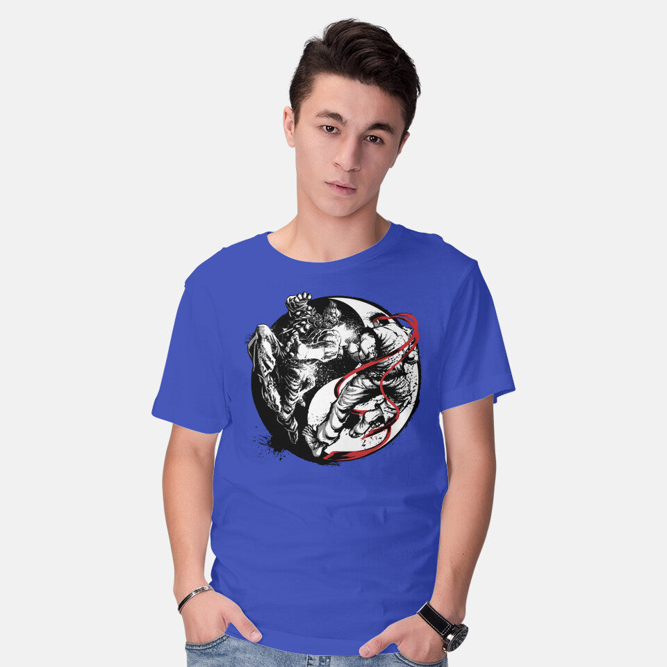 Model wearing royal blue Endless Fight Graphic T-Shirt