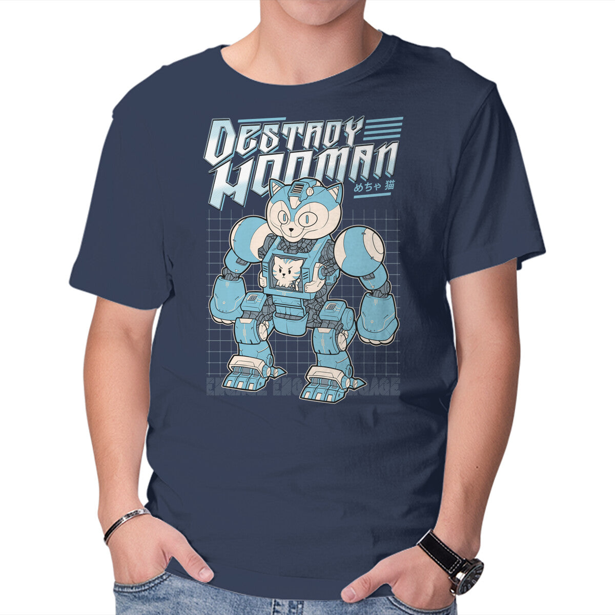 Mecha Neko – Cat Graphic T-Shirt in navy, product display