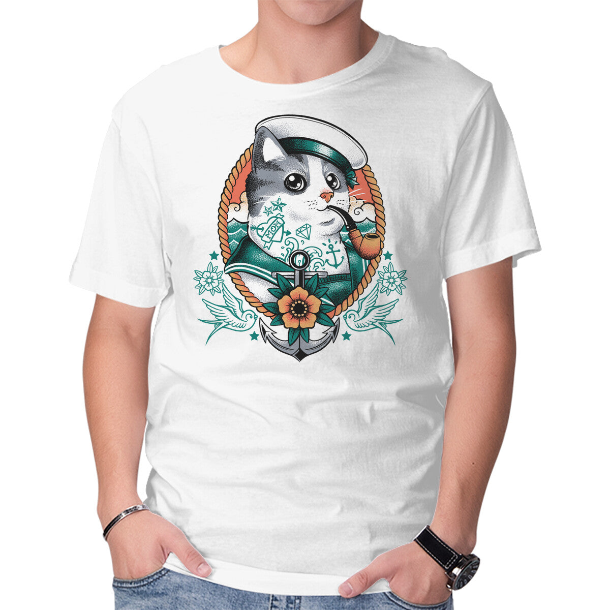 Sailor Cat Tattoo – Cat Graphic T-Shirt in white, product display