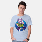 Model wearing blue Double Conqueror Graphic T-Shirt