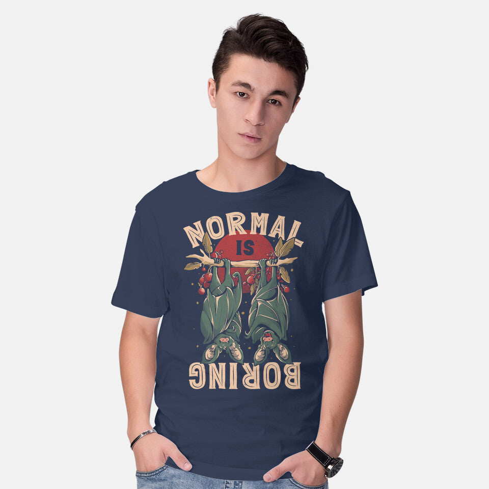 Model wearing navy Normal Is Boring – Animal Graphic T-Shirt