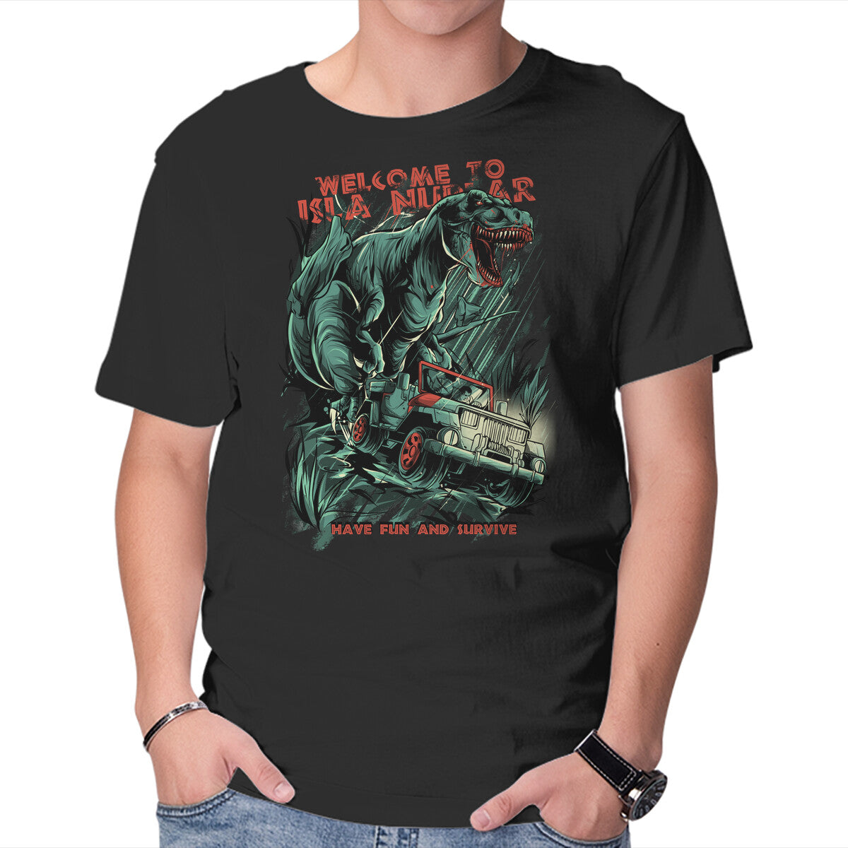 Welcome To Isla Nublar – Movie Graphic T-Shirt in black, product display