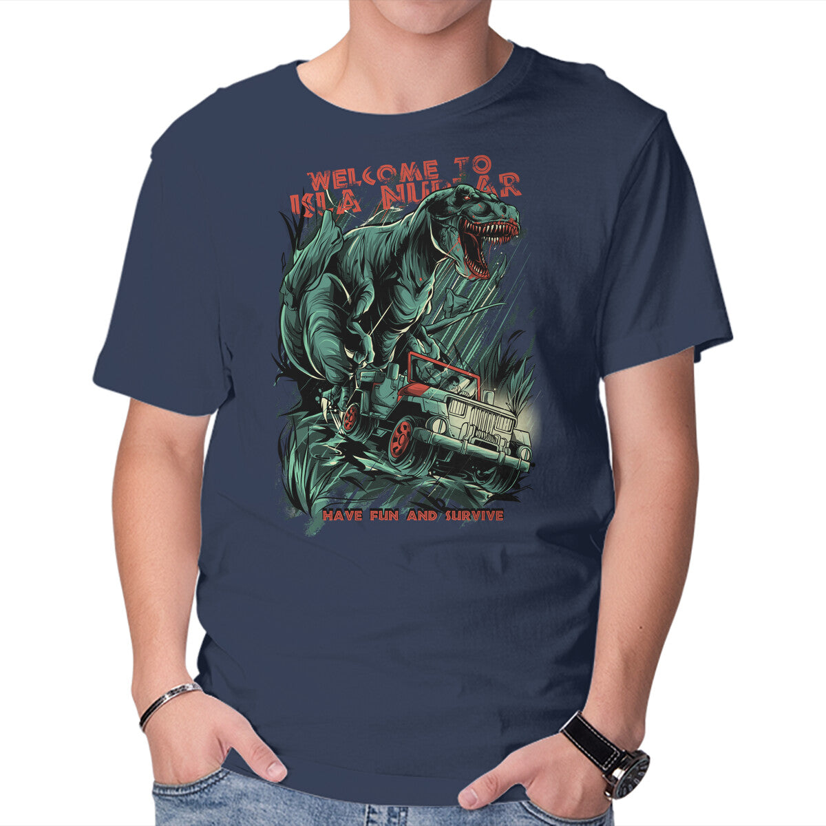 Welcome To Isla Nublar – Movie Graphic T-Shirt in navy, product display
