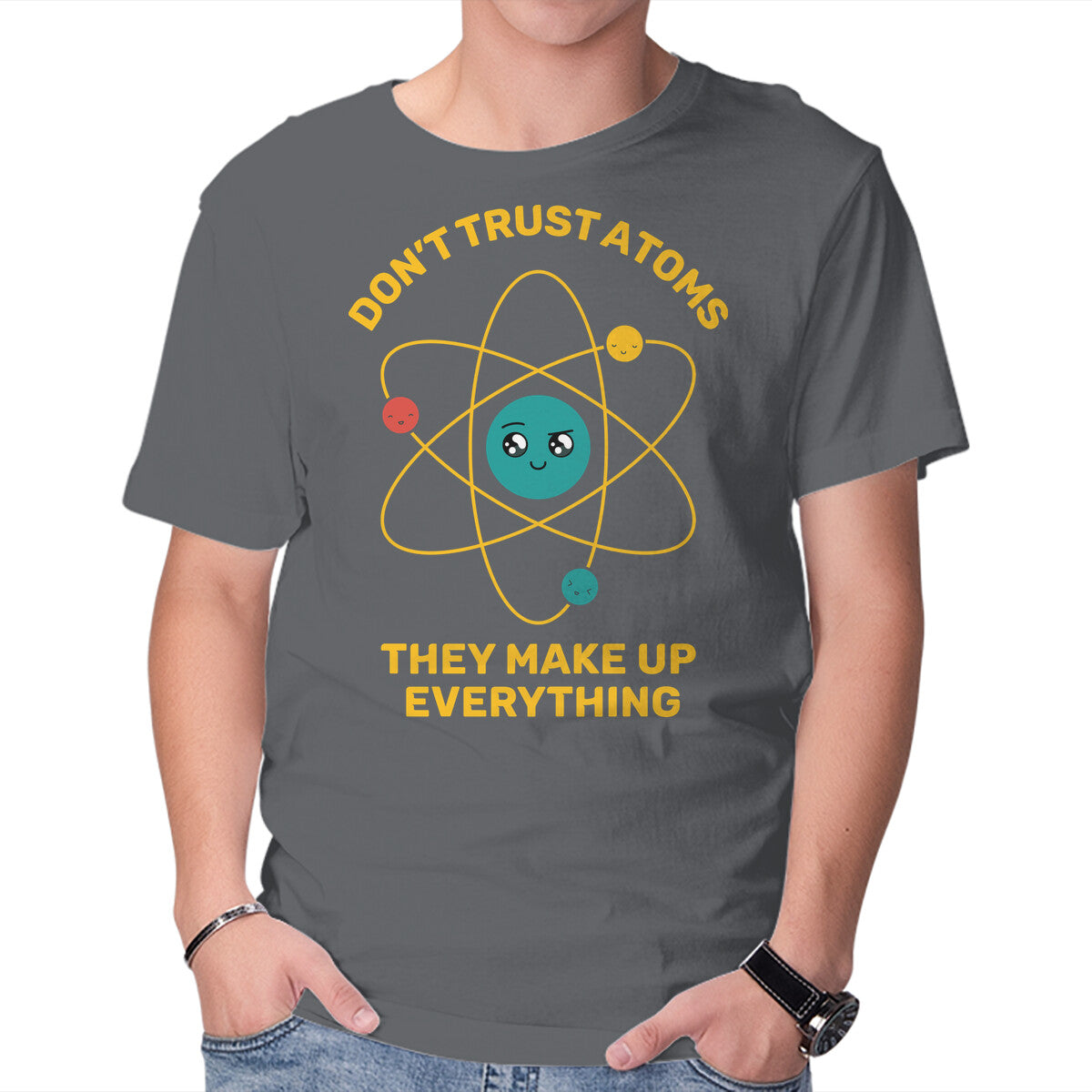 Don't Trust Atoms – Funny Graphic T-Shirt in charcoal, product display