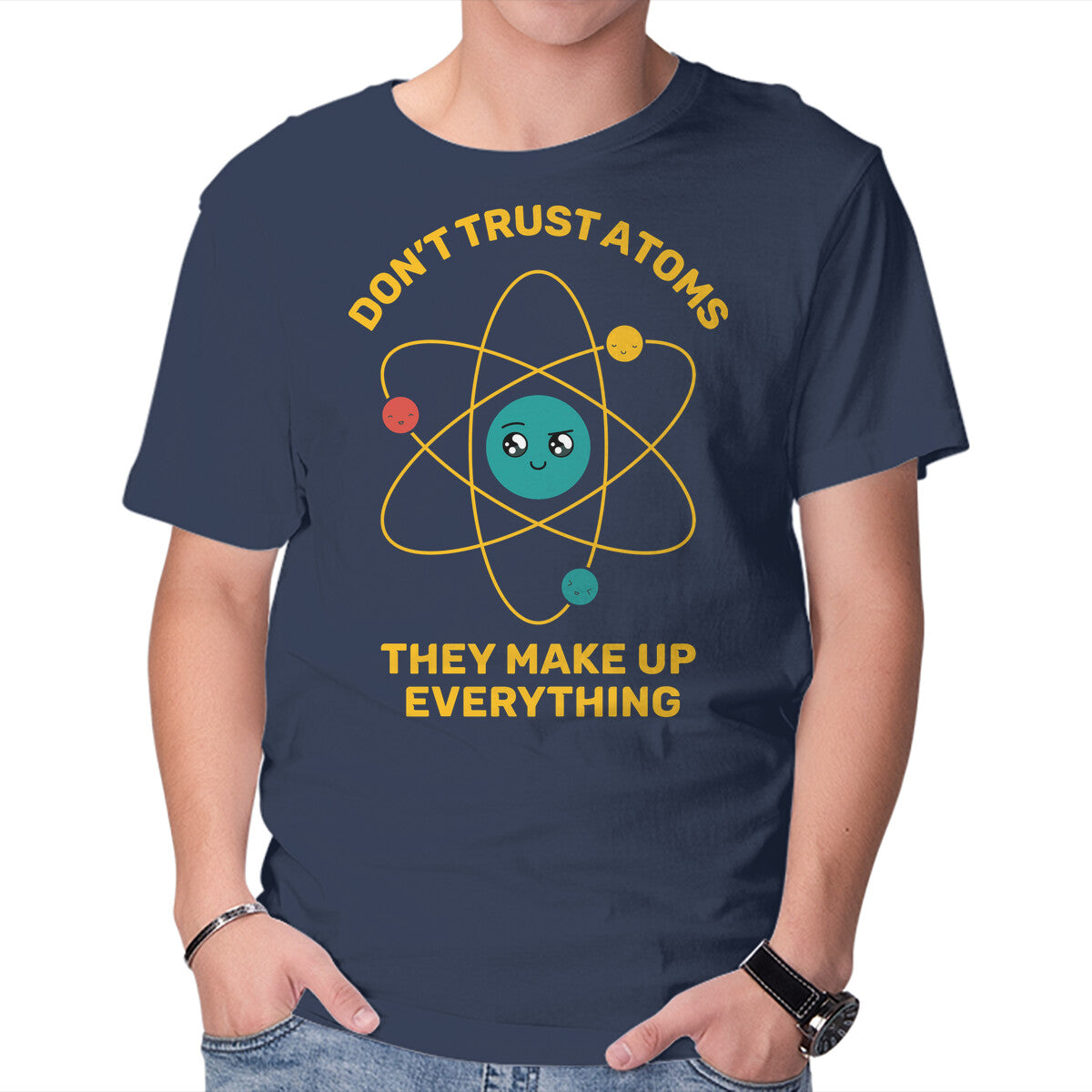 Don't Trust Atoms – Funny Graphic T-Shirt in navy, product display