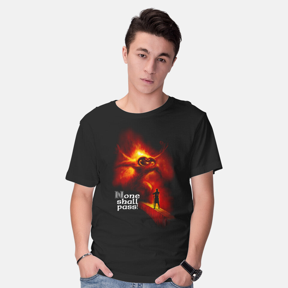 Model wearing black Black Knight Returns – Fantasy Graphic T-Shirt