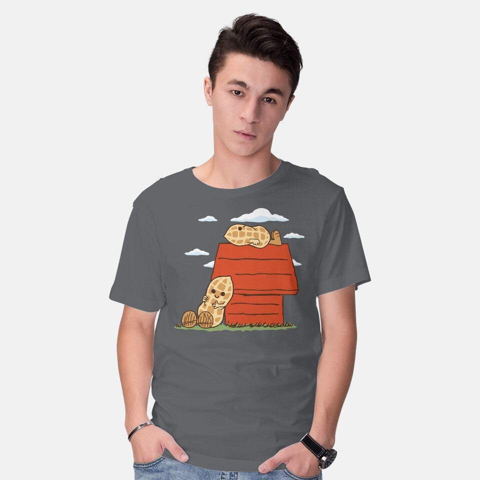 Model wearing charcoal Peanuts – Funny Graphic T-Shirt