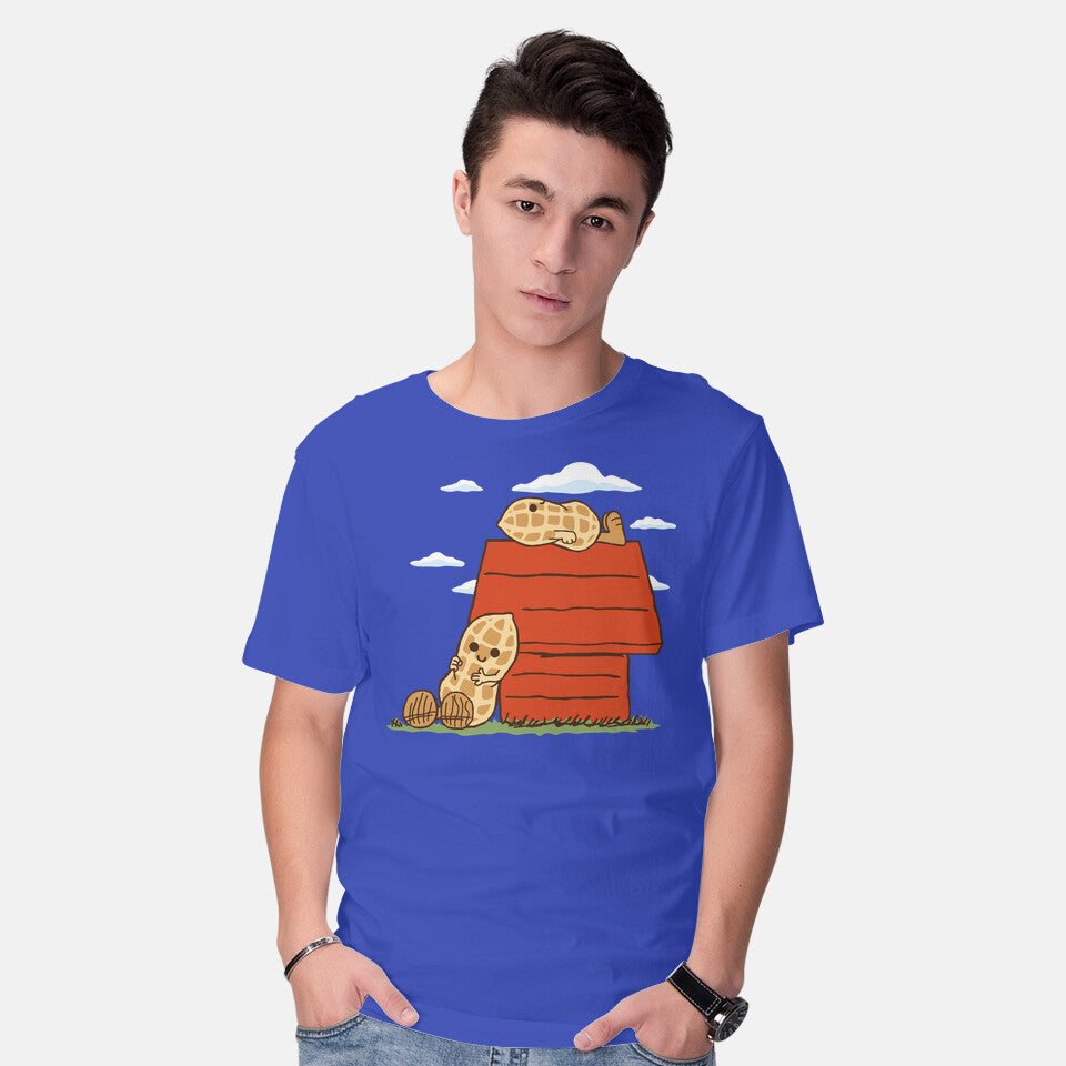 Model wearing royal blue Peanuts – Funny Graphic T-Shirt