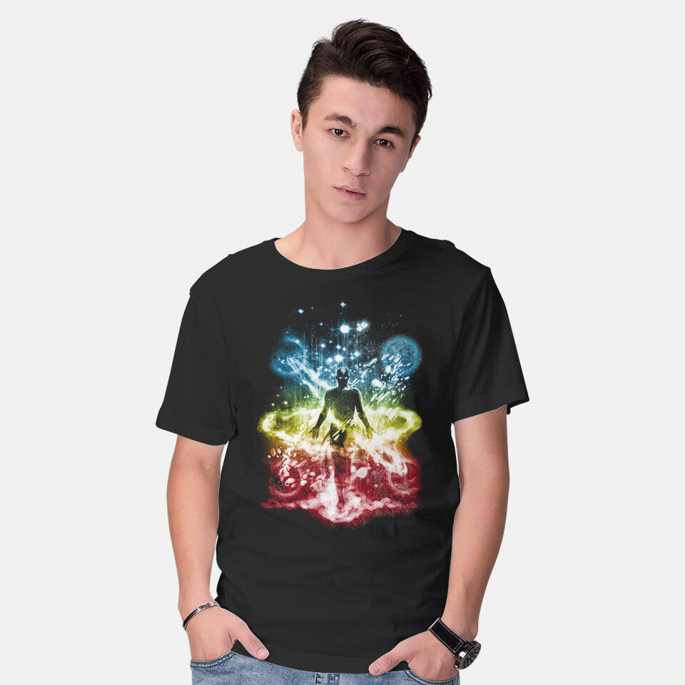 Model wearing black Last Space Bender – Anime Graphic T-Shirt