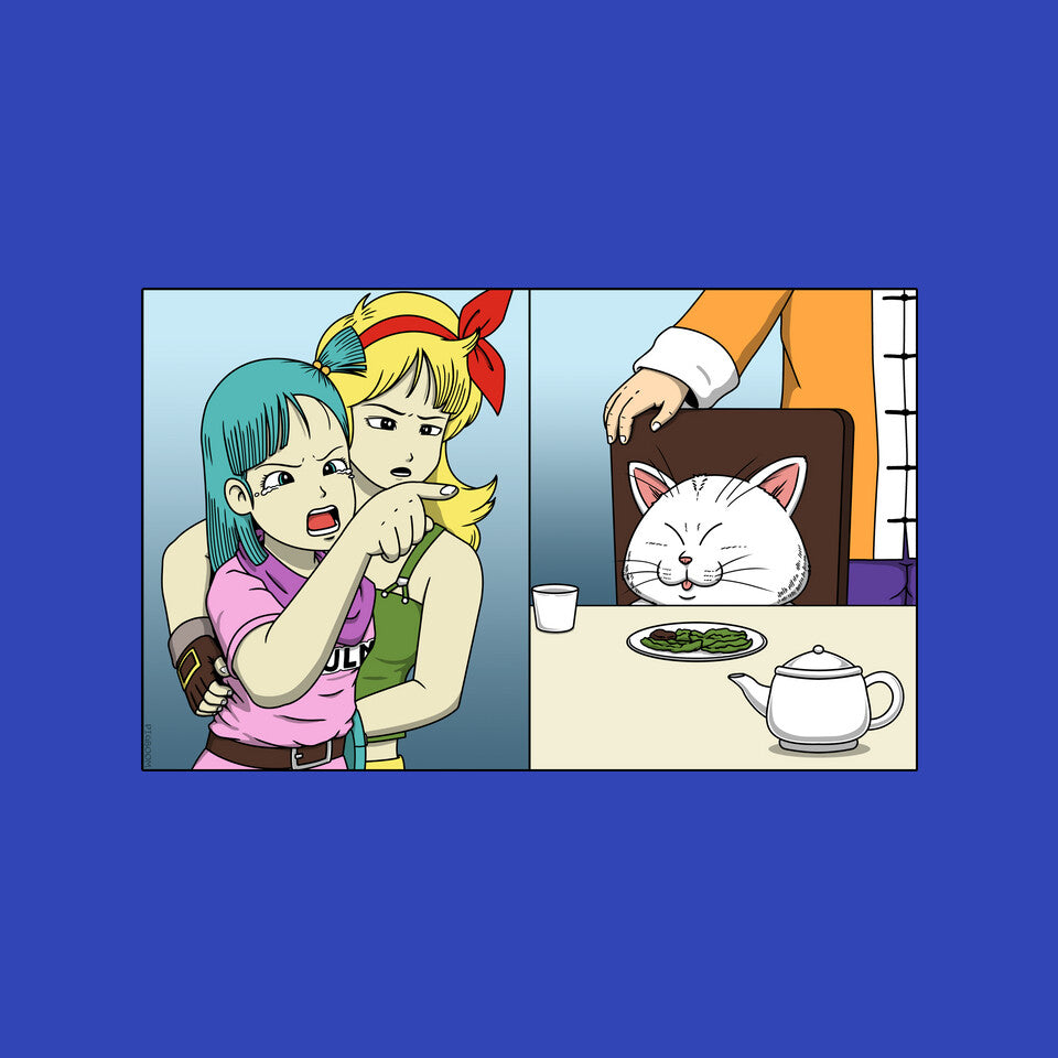 Girl Vs Cat – Anime Graphic T-Shirt design artwork for royal blue graphic T-shirt