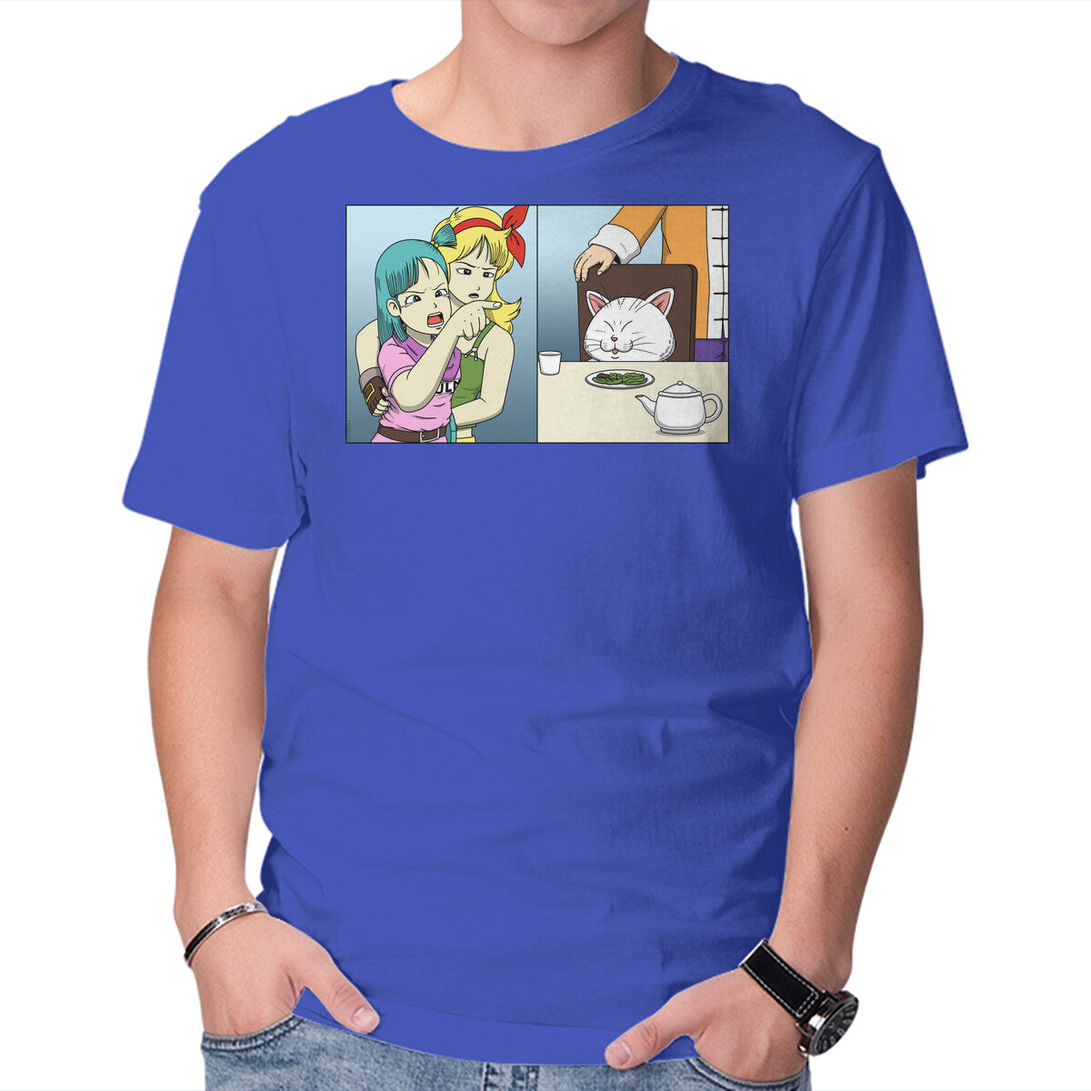 Girl Vs Cat – Anime Graphic T-Shirt in royal blue, product display