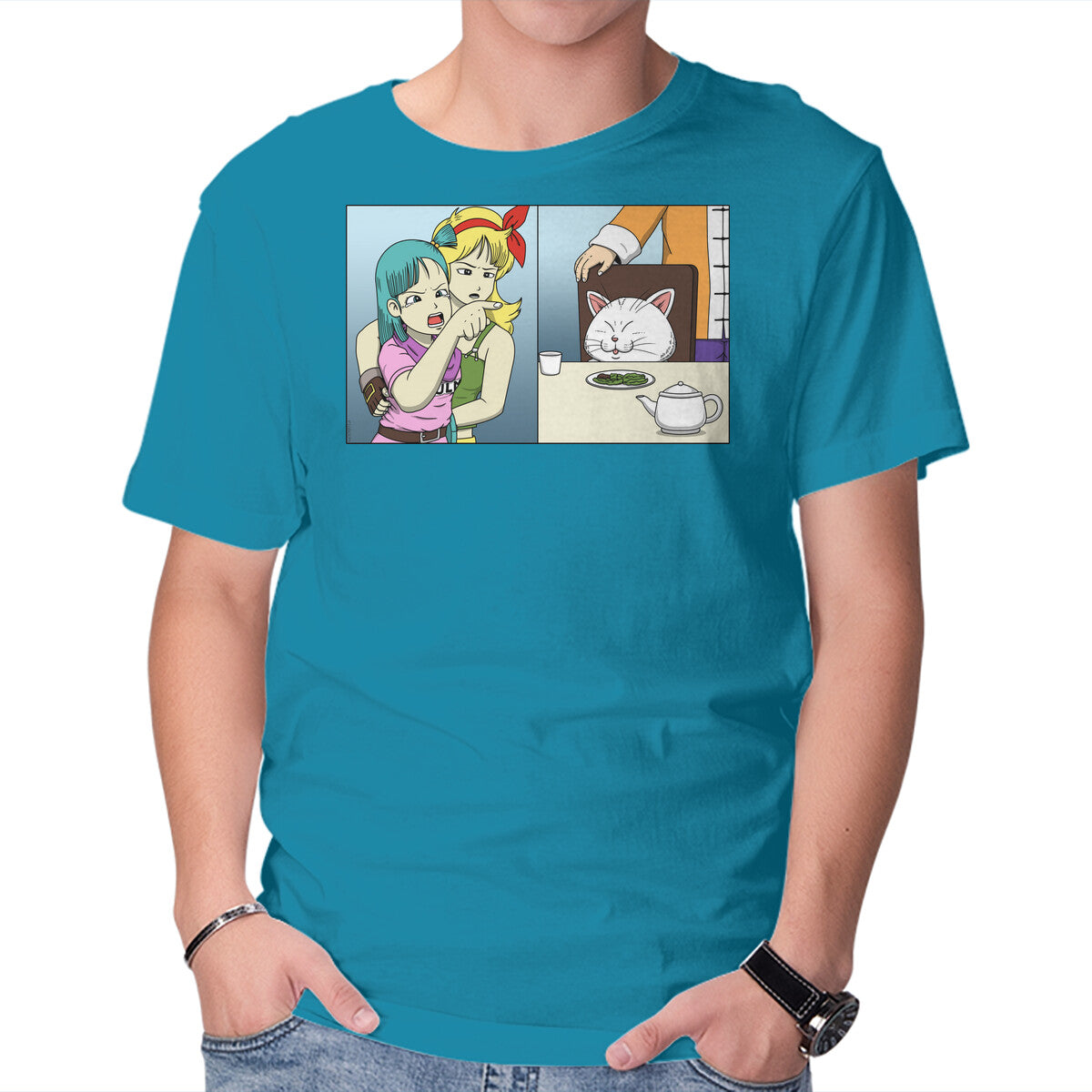 Girl Vs Cat – Anime Graphic T-Shirt in turquoise, product display