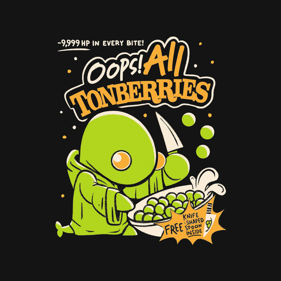 Oops! All Tonberries – Gaming Graphic T-Shirt design artwork for black graphic T-shirt