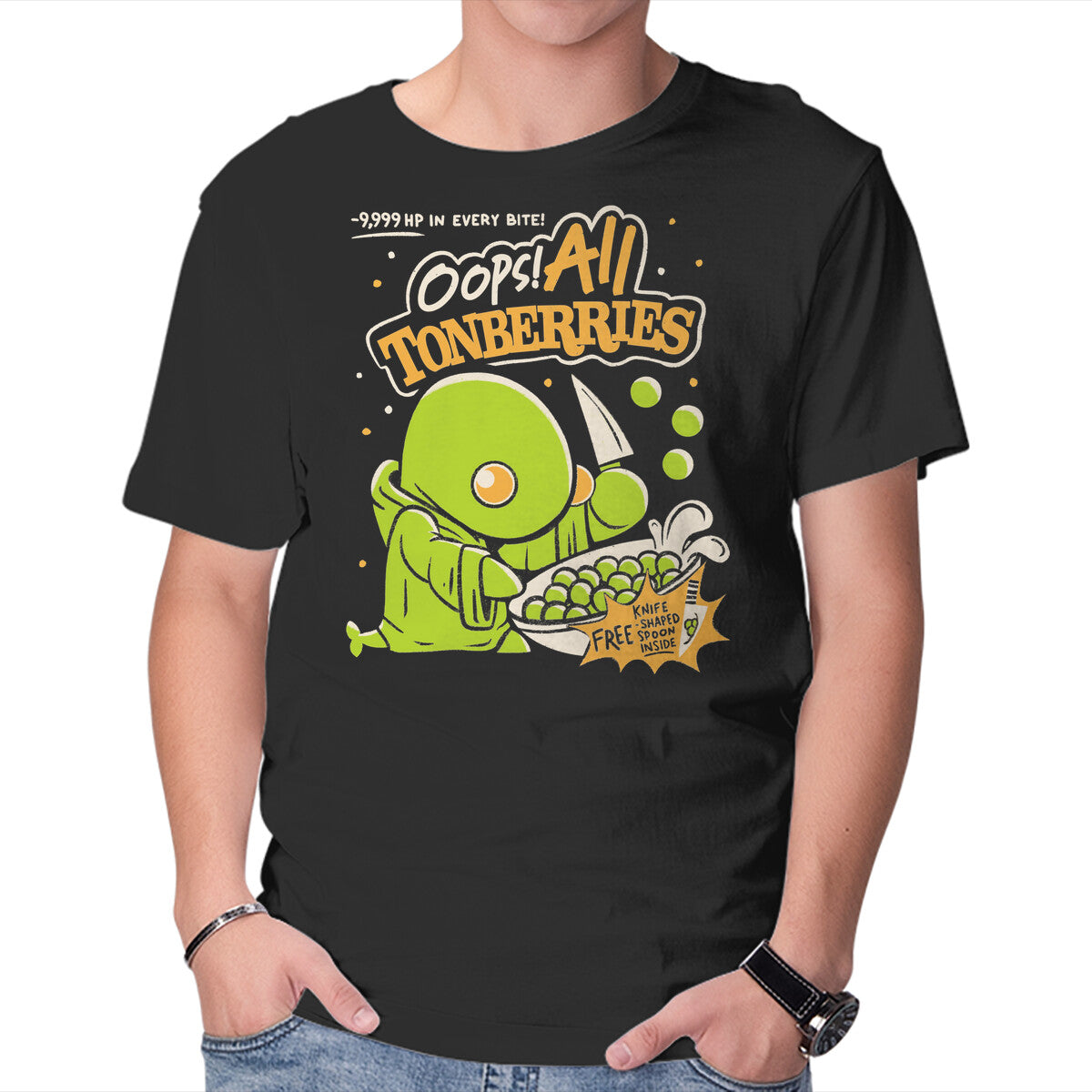 Oops! All Tonberries – Gaming Graphic T-Shirt in black, product display