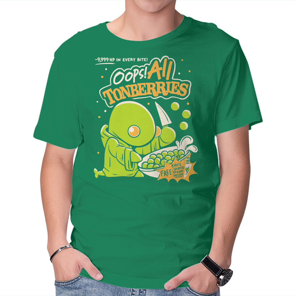 Oops! All Tonberries – Gaming Graphic T-Shirt in green, product display