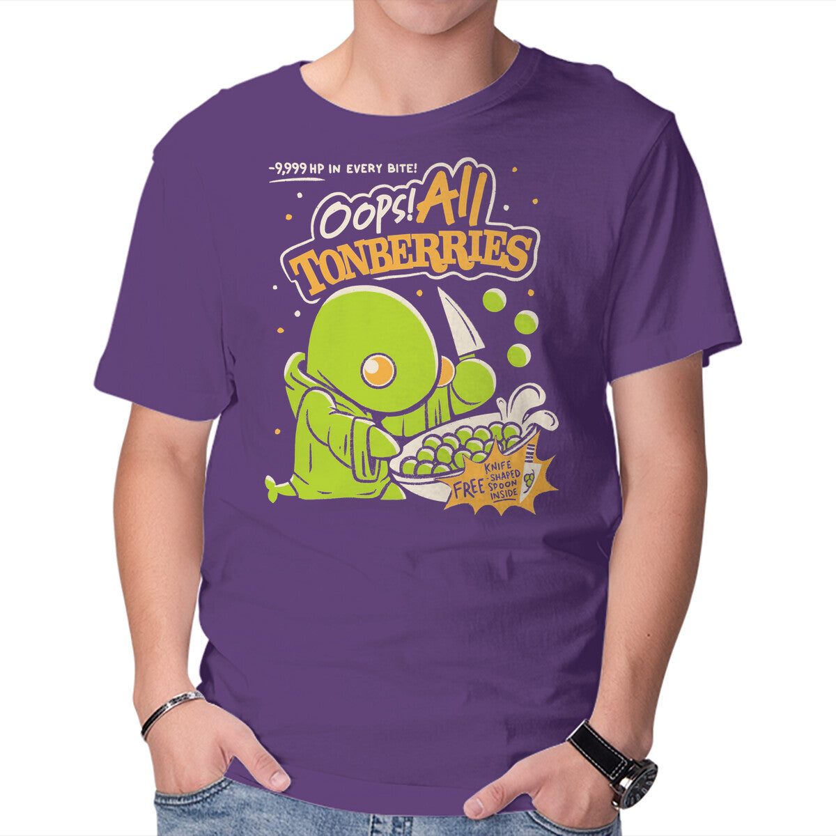 Oops! All Tonberries – Gaming Graphic T-Shirt in purple, product display