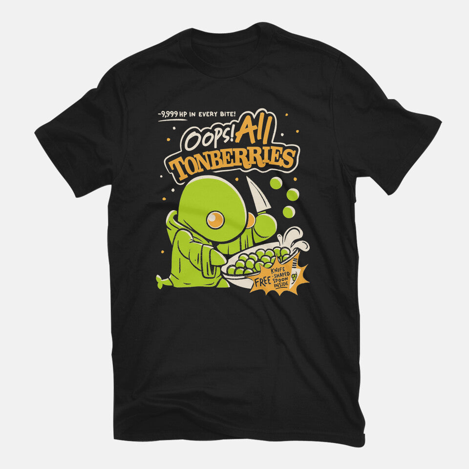 Oops! All Tonberries – Gaming Graphic T-Shirt in black, flat-lay product view