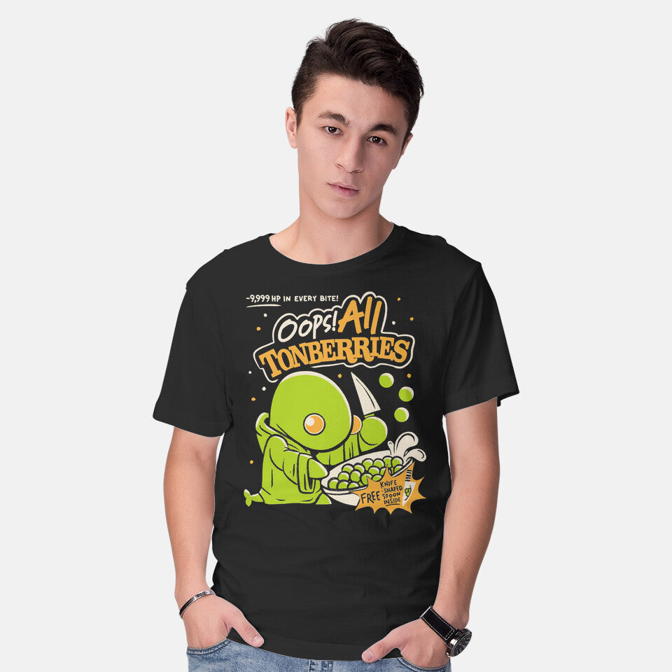 Model wearing black Oops! All Tonberries – Gaming Graphic T-Shirt
